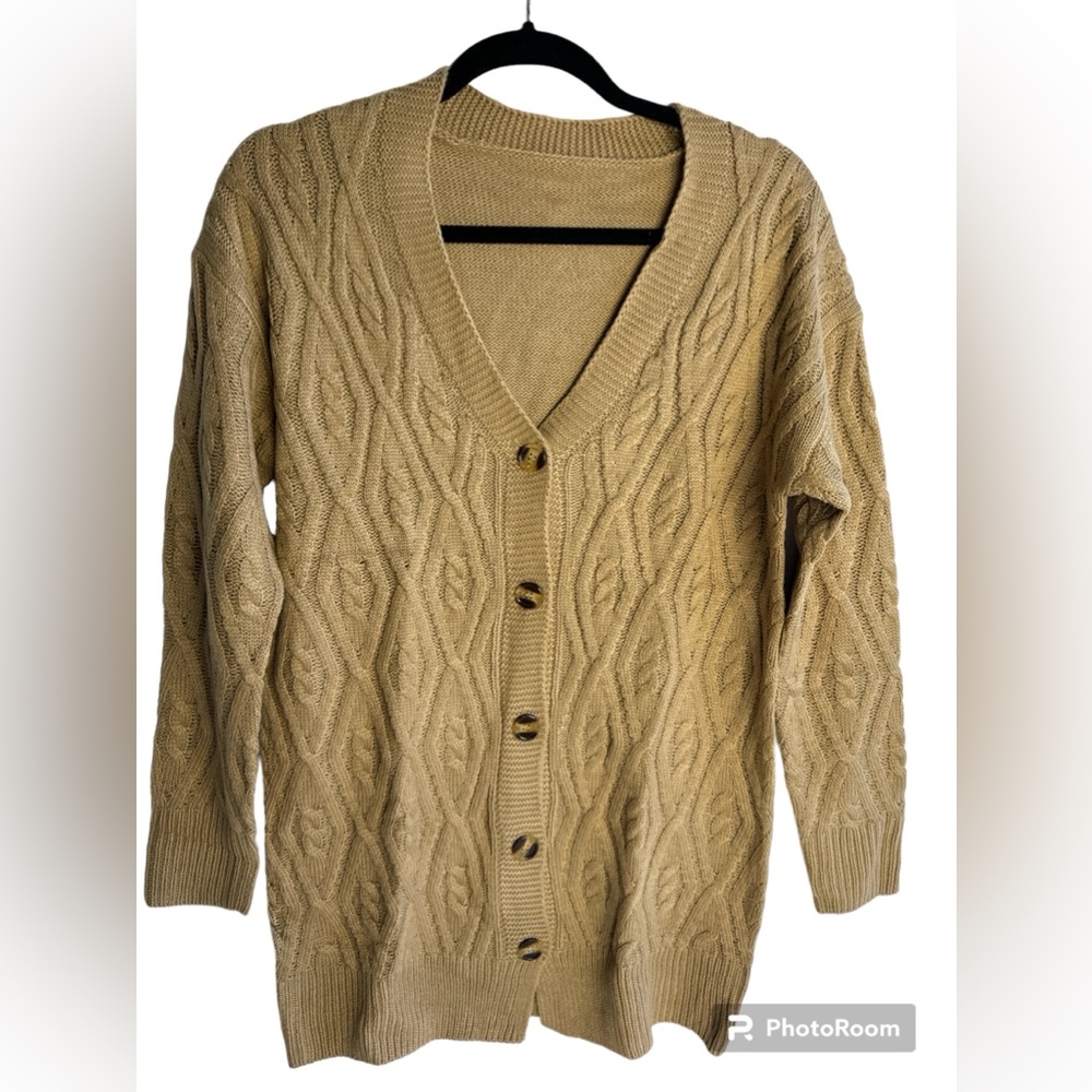 Women Solid Khaki Cardigan Sweater Long Sleeve Cable Knit Button Up Size Small